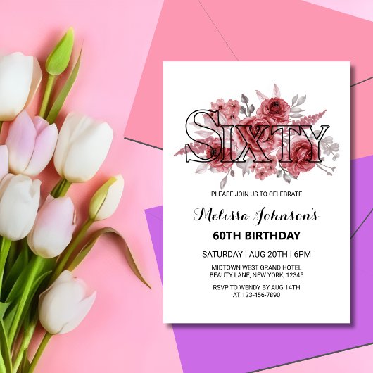 Invitation Red Marron Rose Verdure Floral 60e anniversaire