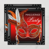 Invitation Red Mask Black Red Masquerade Party (Devant / Derrière)