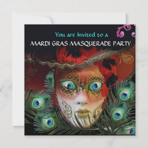 INVITATION RED MASK PEACOCK FEATHERS GOLD MASQUERADE PARTY