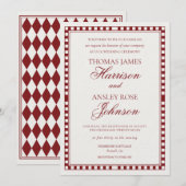 Invitation Red Merlot Harlequin Checkered Wedding (Devant / Derrière)