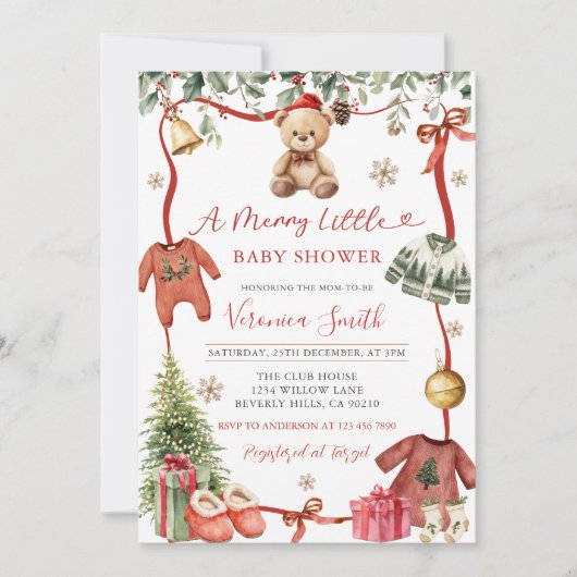 Invitation Red Merry Little Winter Christmas Baby Shower Invi (Devant)