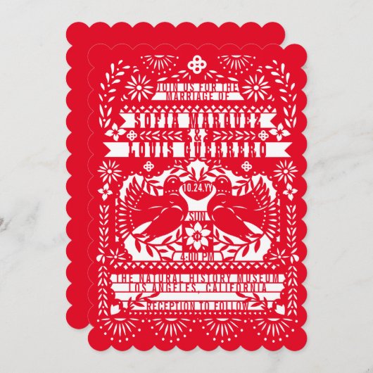 Invitation Red Mexican Fantail Doves Papel Picado Mariage (Devant / Derrière)