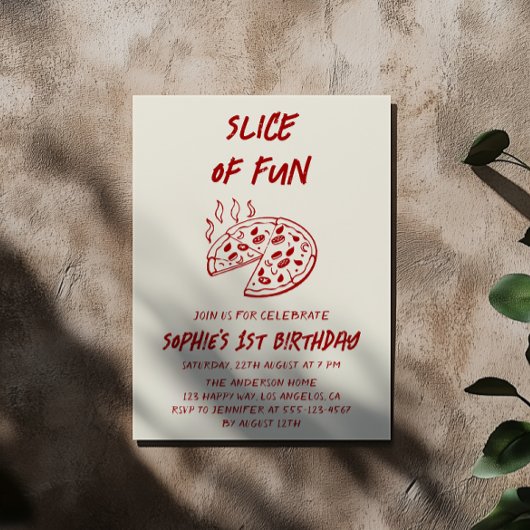 Invitation Red Minimal Slice of Fun Pizza Birthday