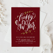 Invitation Red Modern Calligraphy and Wreath New Year Party
