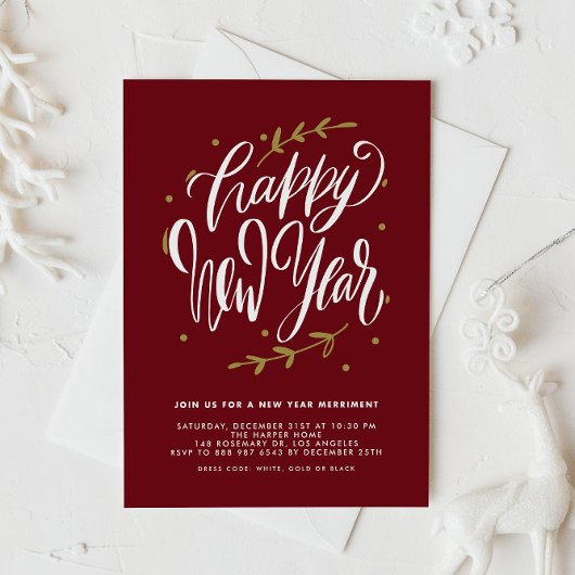 Invitation Red Modern Calligraphy and Wreath New Year Party