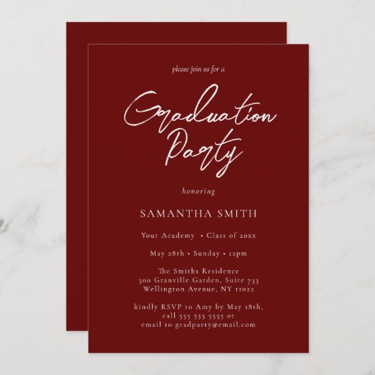 Invitation Red Modern Calligraphy Script Graduation Party (Devant / Derrière)