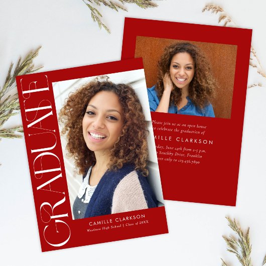 Invitation Red Modern Elegant Vertical Deux Diplôme Photo