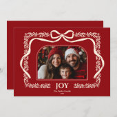 Invitation Red Modern Joy Noël Bow Ribbon cadre photo (Devant / Derrière)