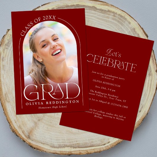 Invitation Red Modern Minimal Arch Photo Graduation Party