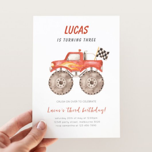 Invitation Red Monster Truck Any Age Birthday Party