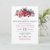 Invitation Red navy boho rustique fête de chauffage floral (Debout devant)
