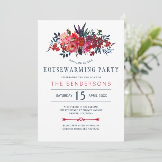Invitation Red navy boho rustique fête de chauffage floral (Debout devant)