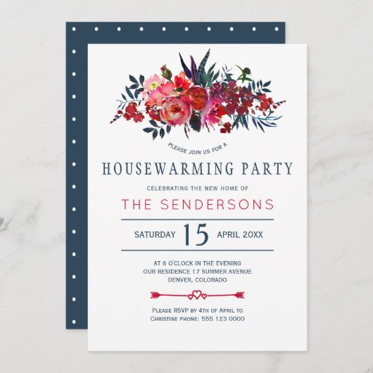 Invitation Red navy boho rustique fête de chauffage floral (Devant / Derrière)
