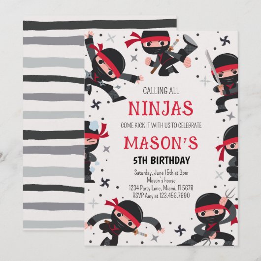 Invitation Red Ninja Guerrier Arts Martiaux Anniversaire (Devant / Derrière)