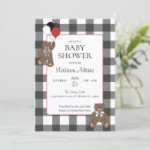 Invitation Red on Black Buffalo Check Teddy Bears Baby Shower (Debout devant)