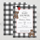 Invitation Red on Black Buffalo Check Teddy Bears Baby Shower (Devant / Derrière)