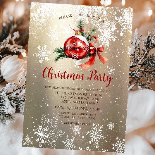 Invitation Red Orament Ball Bow Snowflakes Compagnie de Noël