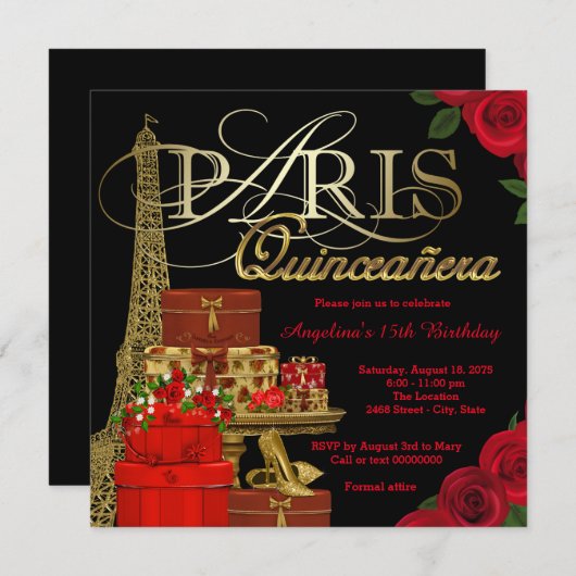 Invitation Red Paris Quinceanera (Devant / Derrière)