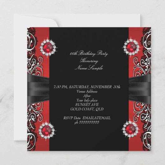 Invitation Red Pearl fête d'anniversaire Black Silver Photo (Dos)