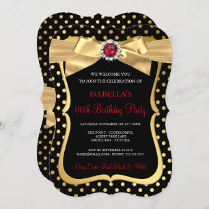 Invitation Red Pearl Gold Bow Black Polka Dot Anniversaire
