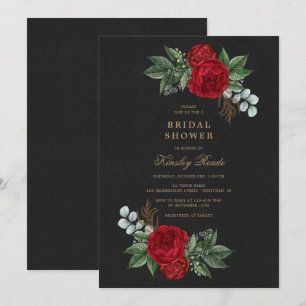 Invitation Red Peonies Aquarelle Black Gold Fête des mariées