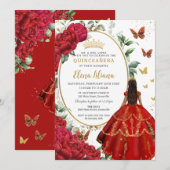 Invitation Red Peony Floral Brown princesse robe Quinceañera (Devant / Derrière)