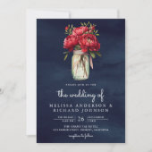 Invitation Red Peony Floral Mason Jar QR Code Mariage bleu (Devant)