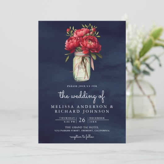 Invitation Red Peony Floral Mason Jar QR Code Mariage bleu (Debout devant)