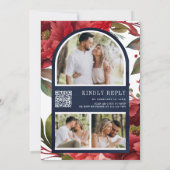 Invitation Red Peony Floral Mason Jar QR Code Mariage bleu (Dos)