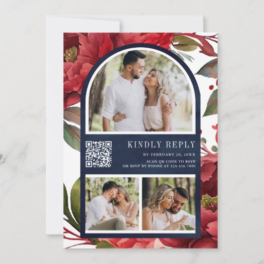 Invitation Red Peony Floral Mason Jar QR Code Mariage bleu (Dos)