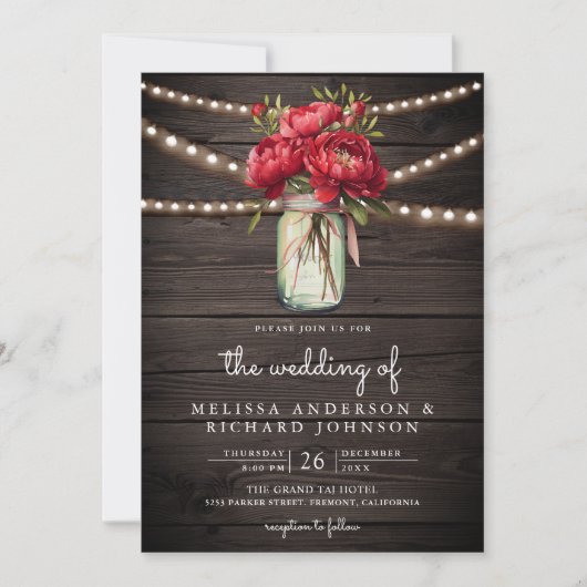 Invitation Red Peony Floral Mason Jar QR Code Mariage en bois (Devant)