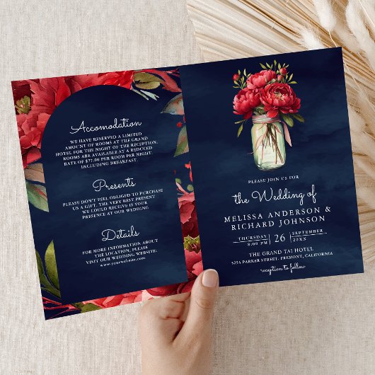 Invitation Red Peony Floral Mason Jar QR Code Navy Wedding