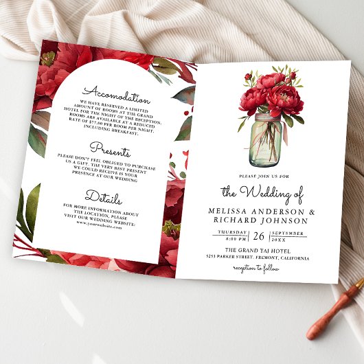 Invitation Red Peony Floral Mason Jar QR Code Wedding