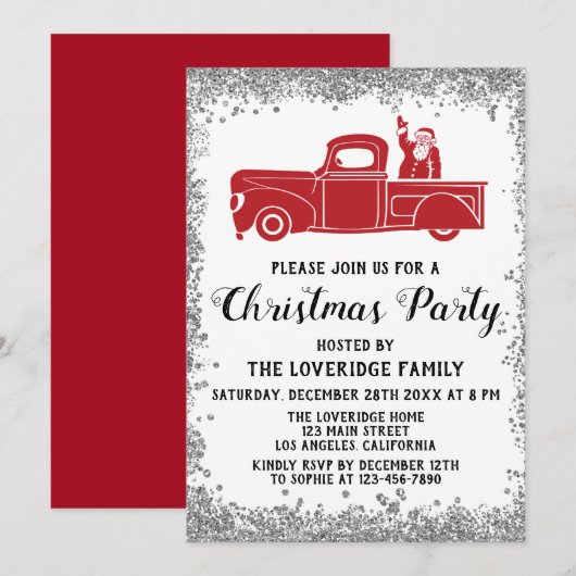 Invitation Red Père Noël Truck Fête de Noël Silver (Devant / Derrière)