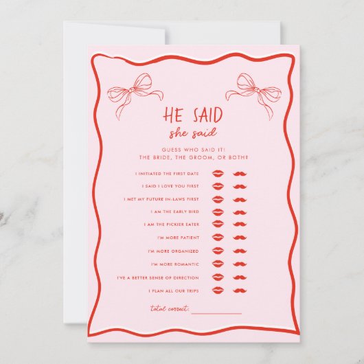 Invitation Red Pink Bow He Said She Said Bridal Shower Game (Devant)