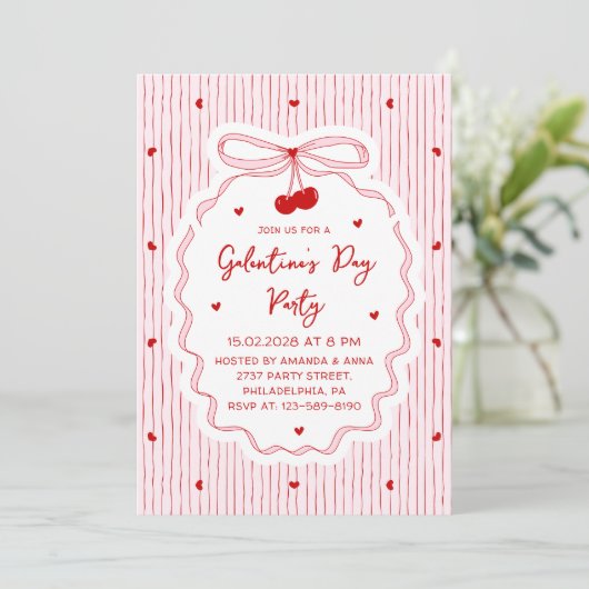 Invitation Red Pink Coquette Cherry Bow Galentine's Day Party (Debout devant)