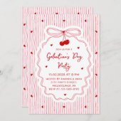 Invitation Red Pink Coquette Cherry Bow Galentine's Day Party (Devant / Derrière)