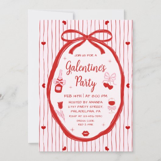 Invitation Red Pink Coquette Hand Drawn Galentine's Party  (Devant)