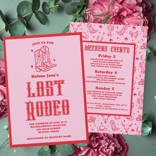 Invitation Red Pink Dernier Rodeo Bachelorette Week-end