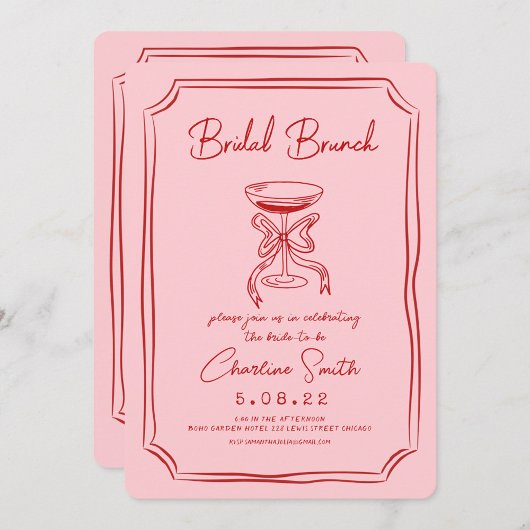 Invitation Red Pink Funky Handwriting Bridal Brunch