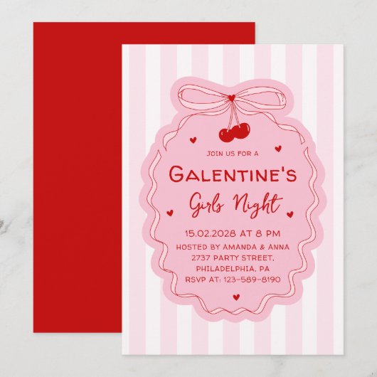 Invitation Red Pink Girly Coquette Bow Galentines Girls Night (Devant / Derrière)
