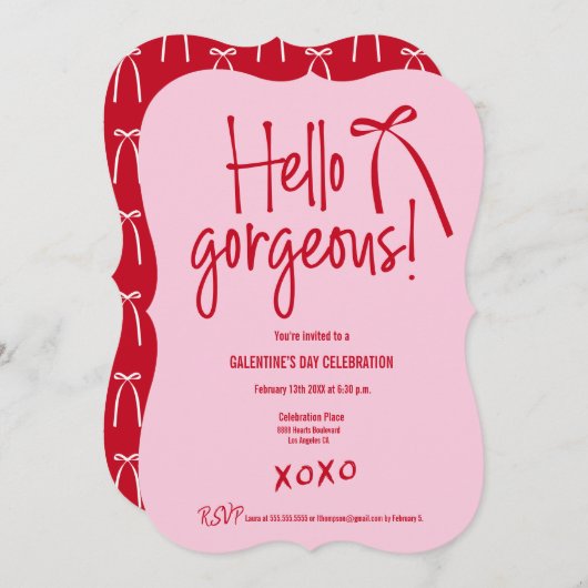 Invitation Red Pink Hello Gorgeous bow doodle Galentine’s (Devant / Derrière)