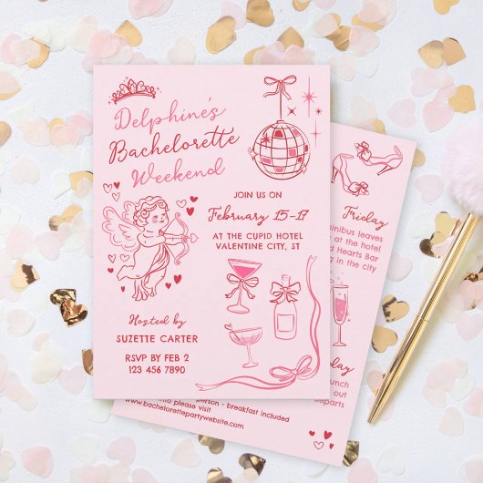 Invitation Red Pink Romantic Cupid Bachelorette Weekend