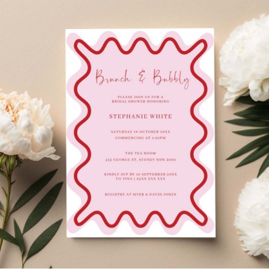 Invitation Red Pink Wavy Bordure Brunch et Bubbly