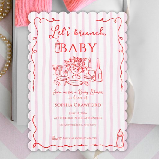 Invitation Red Pink Whimsical Doodle Let's Brunch Baby Shower