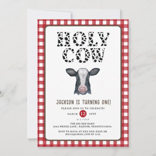 Invitation Red Plaid Boy Holy Cow Premier anniversaire (Devant)