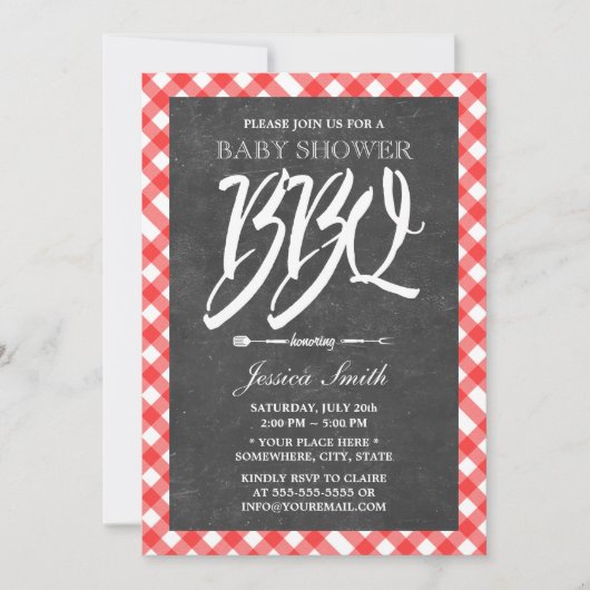 Invitation Red Plaid & Chalkboard Baby shower BBQ Party (Devant)