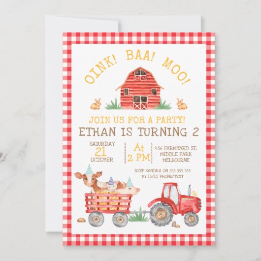 Invitation Red Plaid Farm Animaux Tracteur Anniversaire Invit (Devant)
