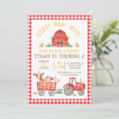 Invitation Red Plaid Farm Animaux Tracteur Anniversaire Invit (Debout devant)