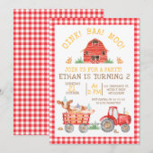Invitation Red Plaid Farm Animaux Tracteur Anniversaire Invit (Devant / Derrière)